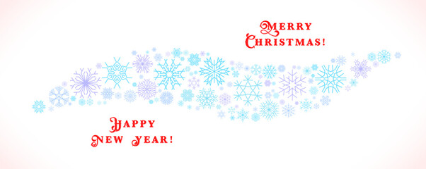 Christmas card with the ribbon of red snowflakes with Merry Christmas holiday greeting.