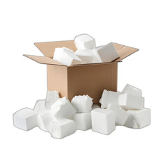 cardboard box overturned, revealing styrofoam cubes isolated on transparent or white background, png