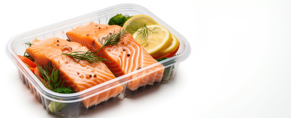 Pre-packaged salmon fillets with herbs and lemon in a plastic container, ready for a healthy meal prep or quick cooking.