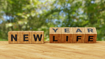 New year, new life on wooden cubes. Concept of planning and challenge, business strategy, opportunity, hope, new life change. 3d illustration - obrazy, fototapety, plakaty