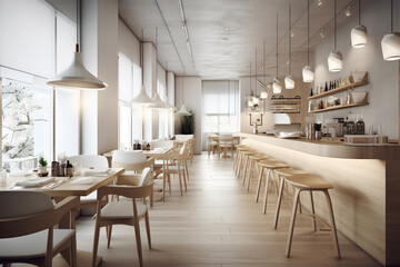 Fototapeta na wymiar Cozy modern interior of cafe in light colors. Comfortable dining place