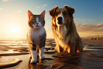 A Serene Moment at the Beach: A Dog and a Cat Enjoying the Coastal Breeze