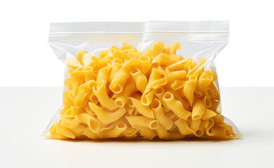 Transparent bag of uncooked macaroni on a white surface, a staple for home-cooked meals and pasta dishes.