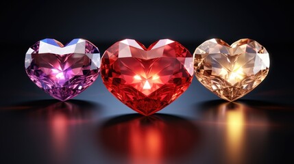 Fototapeta premium Multicolor Crystal heart background. Valentines Day, wedding concept. Symbol of love. Diamond gemstones crystalline hearts semi&nbsp;precious&nbsp;jewelry. For greeting card, banner, flyer, party invitation..