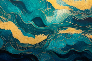 Magical fairytale ocean waves art painting. Unique teal and gold wavy swirls of magic water. Fairytale navy and yellow sea waves. Children’s book waves, kids nursery cartoon illustration by Vita - obrazy, fototapety, plakaty