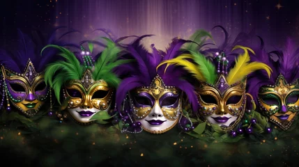 Fototapeten Mardi Gras Venetian masks in golden purple green colors background. Festive colorful Carnival Mardi Gras masquerade mask design for banner, greeting card, prints, poster, party invitation, flyer.. © Oksana Smyshliaeva