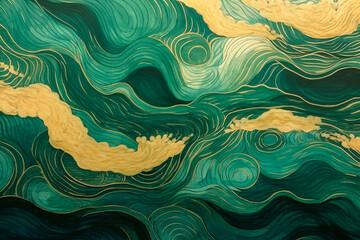 Magical fairytale ocean waves art painting. Unique green and gold wavy swirls of magic water. Fairytale navy and yellow sea waves. Children’s book waves, kids nursery cartoon illustration by Vita - obrazy, fototapety, plakaty