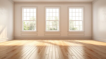 Obraz premium Generative AI, Light empty modern room with wooen floor and glare from the window, interior background for the presentation
