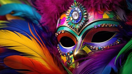 Mardi Gras Venetian masks in golden purple green colors background. Festive colorful Carnival Mardi Gras masquerade mask design for banner, greeting card, prints, poster, party invitation, flyer..