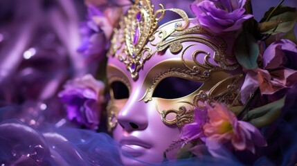 Mardi Gras Venetian masks in golden purple green colors background. Festive colorful Carnival Mardi Gras masquerade mask design for banner, greeting card, prints, poster, party invitation, flyer.. - obrazy, fototapety, plakaty