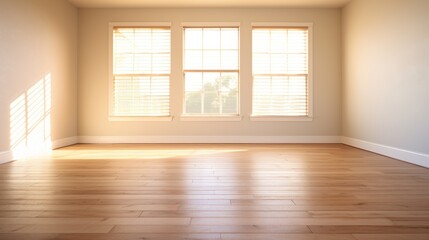 Obraz premium Generative AI, Light empty modern room with wooen floor and glare from the window, interior background for the presentation