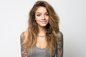 Portrait of a young woman with tattoos, exuding beauty and confidence, showcasing a healthy, natural glow.