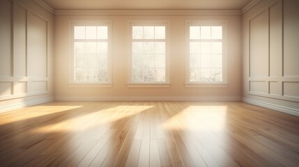 Obraz premium Generative AI, Light empty modern room with wooen floor and glare from the window, interior background for the presentation