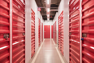 Locked red doors in corridor of self-storage facility