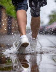 Rainy Day Delight: Person's Feet Splashing in Puddle