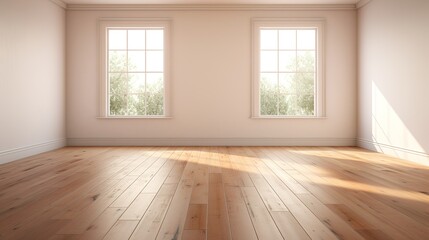 Fototapeta premium Generative AI, Light empty modern room with wooen floor and glare from the window, interior background for the presentation
