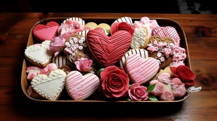 Obraz na płótnie Canvas Valentine-themed cookies arranged on a vintage serving tray.
