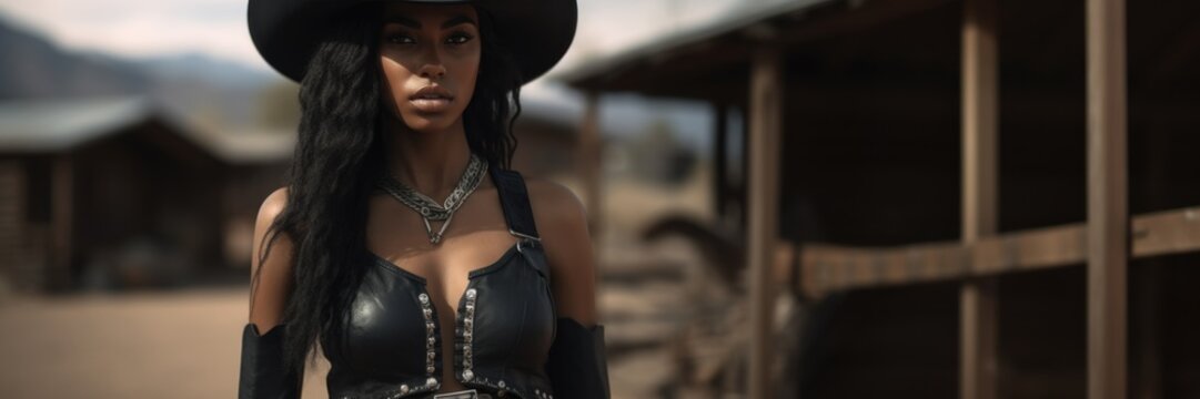 A Beautiful Badass African Cowgirl - Amazing Black Cowgirl Background - Clothes are in the Raw, Tough and Grunge Style - African Cowgirl Wallpaper created with Generative AI Technology