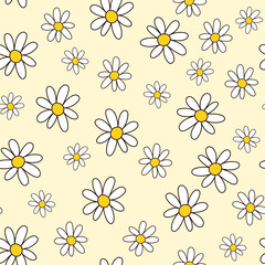 Seamless pattern with chamomile in doodle style. Daisy flower seamless on yellow background. Floral vector illustration for print.