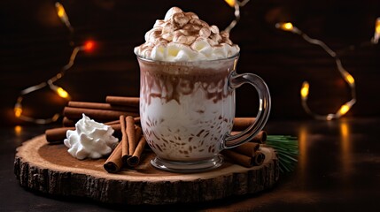 Christmas delightful hot chocolate with marshmallows and cinnamon on a silver plate