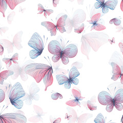 Butterflies are pink, blue, lilac, flying, delicate with wings and splashes of paint. Hand drawn watercolor illustration. Seamless pattern on a white background, for design.
