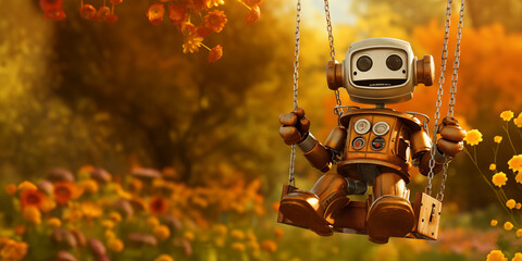 Happy cute robot has fun on a swing in a garden, future of AI development and progress, artificial intelligence human feelings and emotions concept - obrazy, fototapety, plakaty