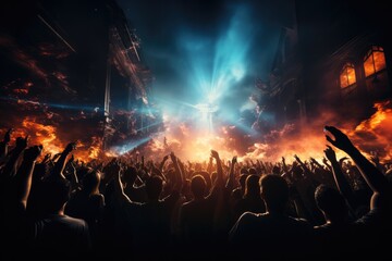 Fototapeta na wymiar Vibrant crowd, dancing under neon lights, radiates joy. nightlife and entertainment concept