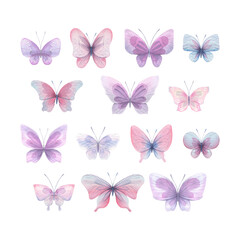 Butterflies are pink, blue, lilac, flying, delicate with wings and splashes of paint. Hand drawn watercolor illustration. Set of isolated elements on a white background, for design