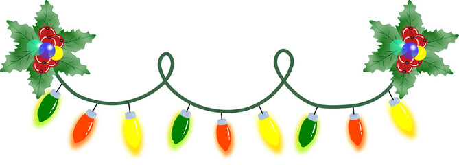 Colorful christmas hanging lights on chain pattern on transparent background.