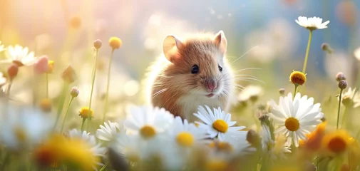 Tuinposter cute baby hamster in flower field, dreamy atmosphere background wallpaper, Generative Ai © QuietWord