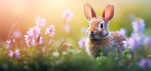 Fototapeta na wymiar cute baby rabbit in flower field, dreamy atmosphere background wallpaper, Generative Ai