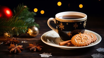Obraz na płótnie Canvas Wonderful christmas card with a mug of tea and treats cozy christmas stylistic layout on a dull background