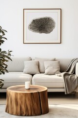 Wood stump coffee table near grey sofa against white wall with poster frame. Scandinavian, nordic home interior design of modern living room, Generative AI