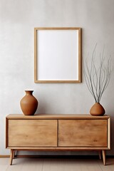Wooden cabinet, dresser against concrete wall with empty blank mock up poster frame with copy space. Rustic home interior design of modern living room, Generative AI
