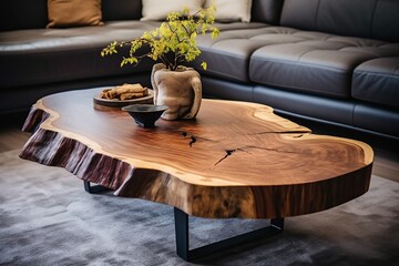 Live edge wooden accent coffee table near sofa close up. Interior design of modern living room, Generative AI