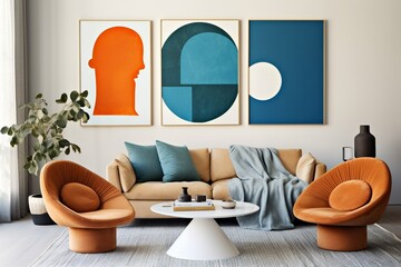 Blue sofa and terra cotta lounge chair against wall with two art posters Minimalist home interior design of modern living room, Generative AI