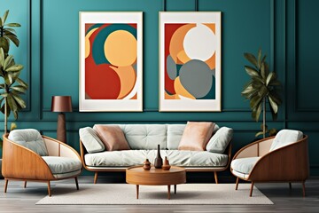 Lounge chairs and sofa against teal classic paneling wall with art posters. Mid-century style home interior design of modern living room, Generative AI