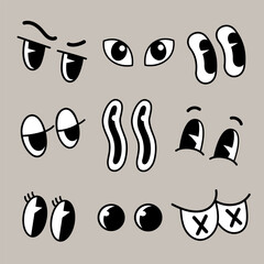 Retro cartoon funny eyes. Groovy vintage 30s 60s 70s eyes with various emotions