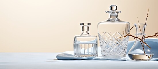In an elegant composition, a crystal flask rests peacefully on a clean, white background, its transparent shape reflecting the light, while empty dishes and glassware add to the isolated beauty of