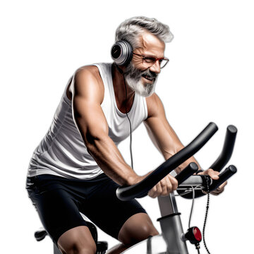mature man, earphones in place, pedaling on an exercise bike isolated on transparent or white background, png