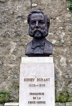 Geneva, Switzerland, Europe - statue of Genevan Henry Dunant - founder of Red Cross and laureate of first Nobel Peace Prize ever (1901), Place de Neuve