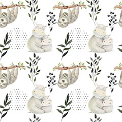 Seamless pattern. Watercolor animals mom and babies - obrazy, fototapety, plakaty