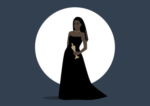 In the spotlight, on a grand stage, a woman adorned in classic black gown embraces triumph, accepting a prestigious award, the elegance of the traditional dress code amplifies the moment of victory
