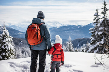 Fototapeta na wymiar A lovely father and son walking in the winter season
