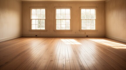 Fototapeta premium Generative AI, Light empty modern room with wooen floor and glare from the window, interior background for the presentation