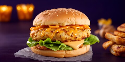 Buttermilk chicken burger with vegetables and cheese bokeh lights background with copy space