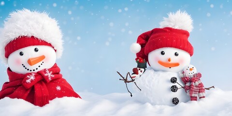 Two Adorable Snowman with winter season ice age Christmas Background and Snowflakes copy space