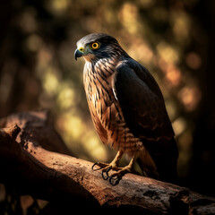 Extraordinary illustration, Sparrowhawk on a driftwood branch, close-up, glowing shadows, rare birds in the wild.