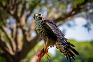 Extraordinary illustration, Sparrowhawk on a driftwood branch, close-up, glowing shadows, rare birds in the wild.