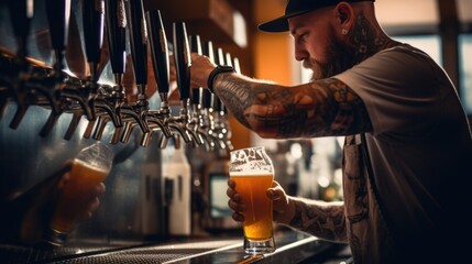 Close up daylight photo of tatooed bartender filling beer mug from Kegerator's beer taps - obrazy, fototapety, plakaty